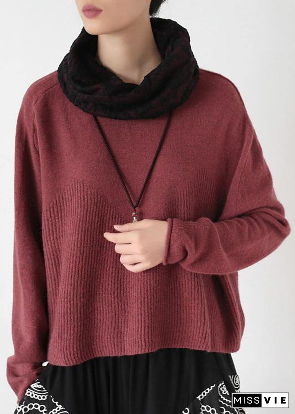 Pullover high neck red knit sweat tops trendy plus size Batwing Sleeve clothes