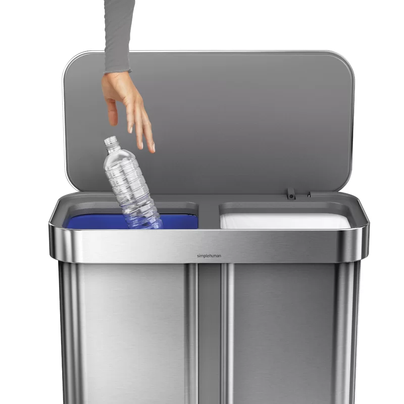 simplehuman 58 Liter / 15.3 Gallon Rectangular Hands-Free Dual Compartment Recycling Kitchen Step Trash Can with Soft-Close Lid， Brushed Stainless Steel