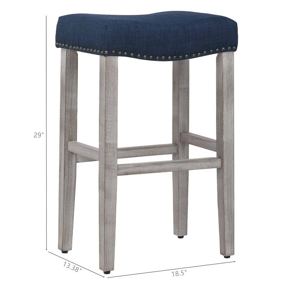 WESTIN OUTDOOR Jameson 29 in. Antique Gray Wood Bar Stool with Navy Blue Linen Seat (Set of 2) ID401-29-AG-NB-2