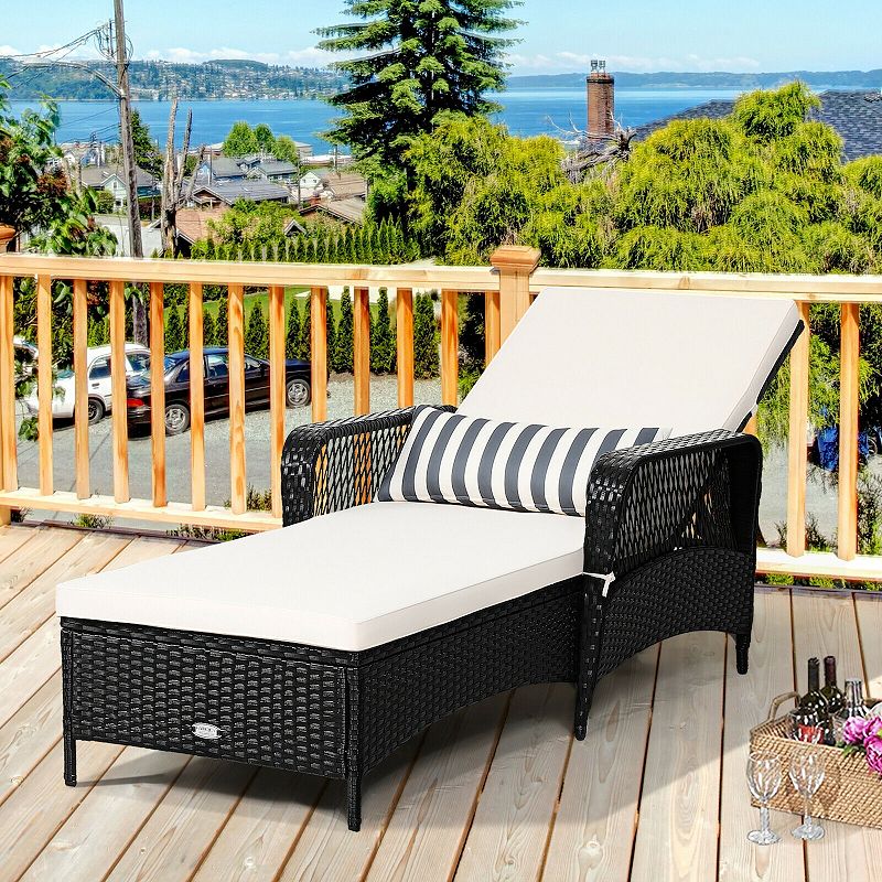 Patio Wicker Chaise Lounge Chair with Pillow and Adjustable Backrest