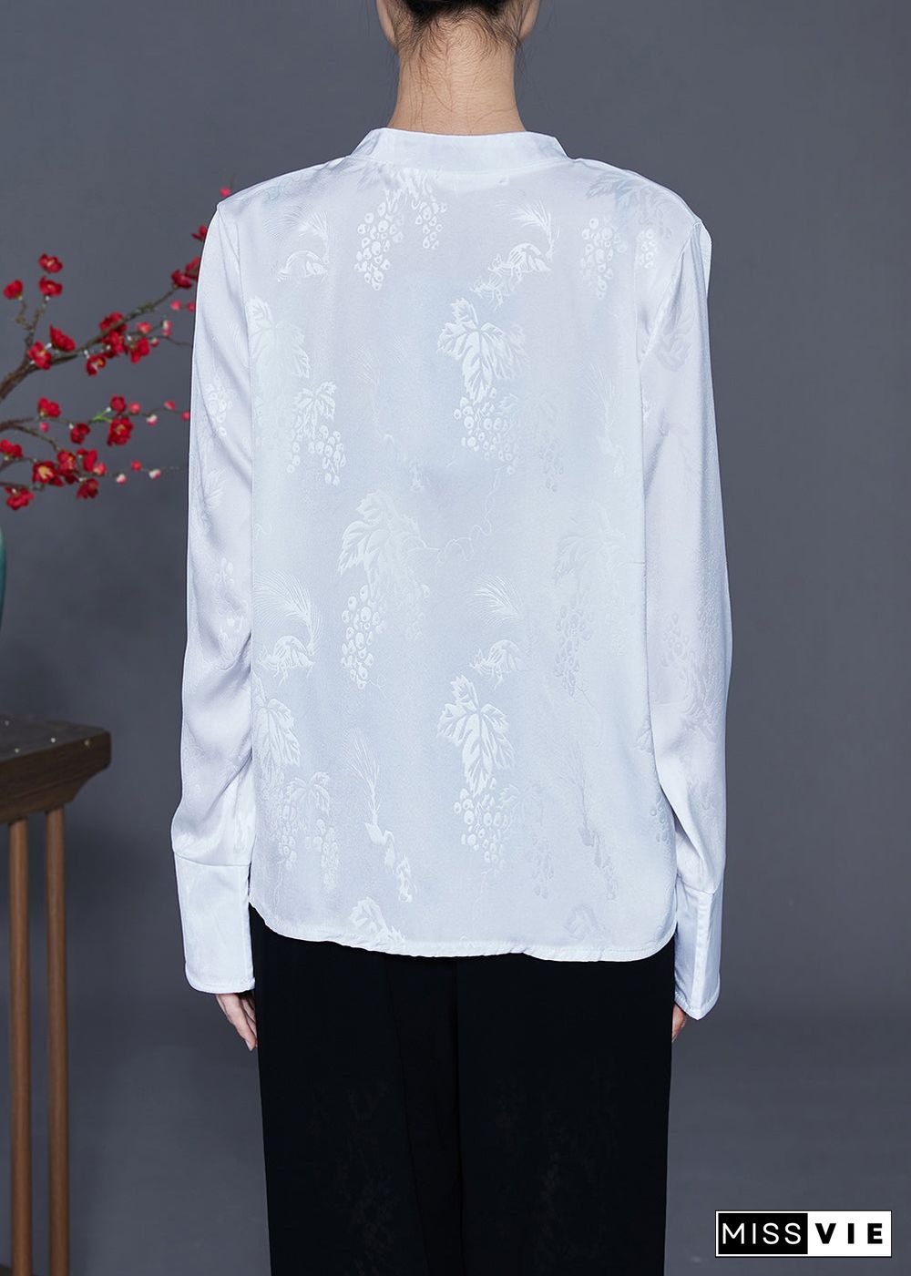 Chinese Style White Stand Collar Chinese Button Silk Blouse Top Spring