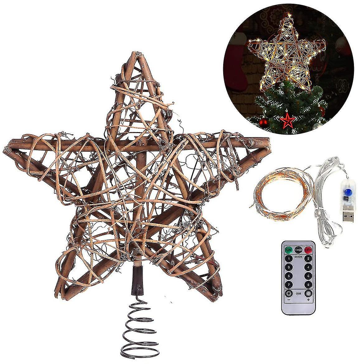 Christmas Star Tree Topper With 30 Led Warm White Copper Lights， Vintage Rattan Natural Christmas De