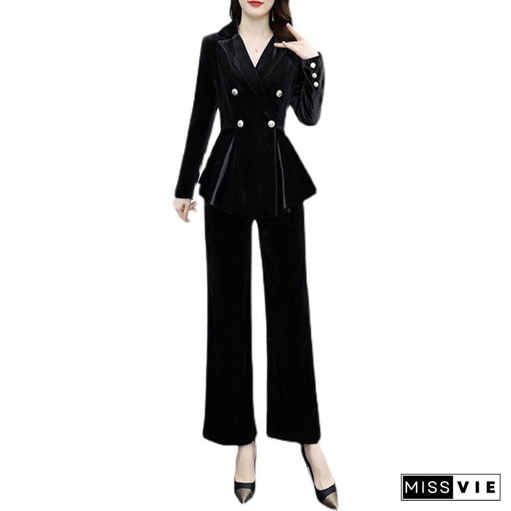 Fashion Women Velvet Peplum Blazer Business Formal Jacket Pants Trousers Suit Set Office Outfits