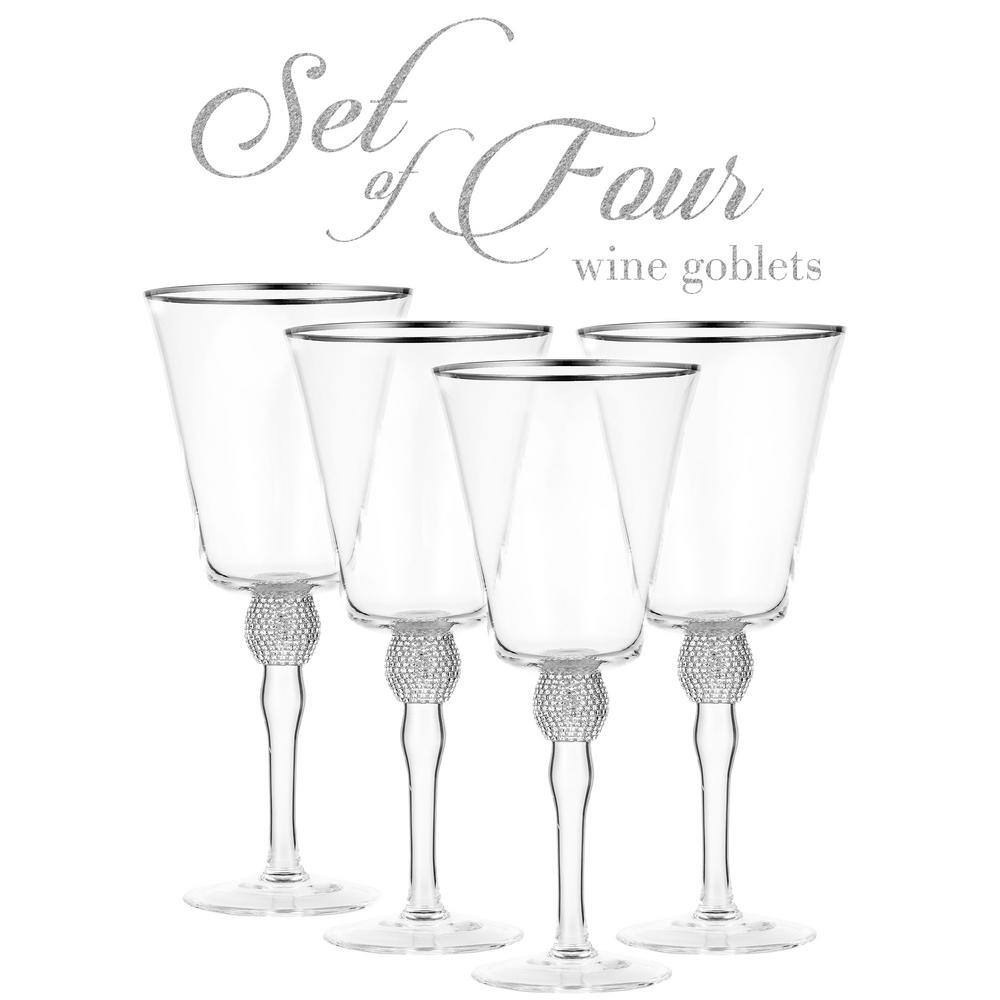 BERKWARE (Set of 4) Wine Glass 14.7 oz. with Rhinestone Design and Silver Rim BW-CZ0146Sx4