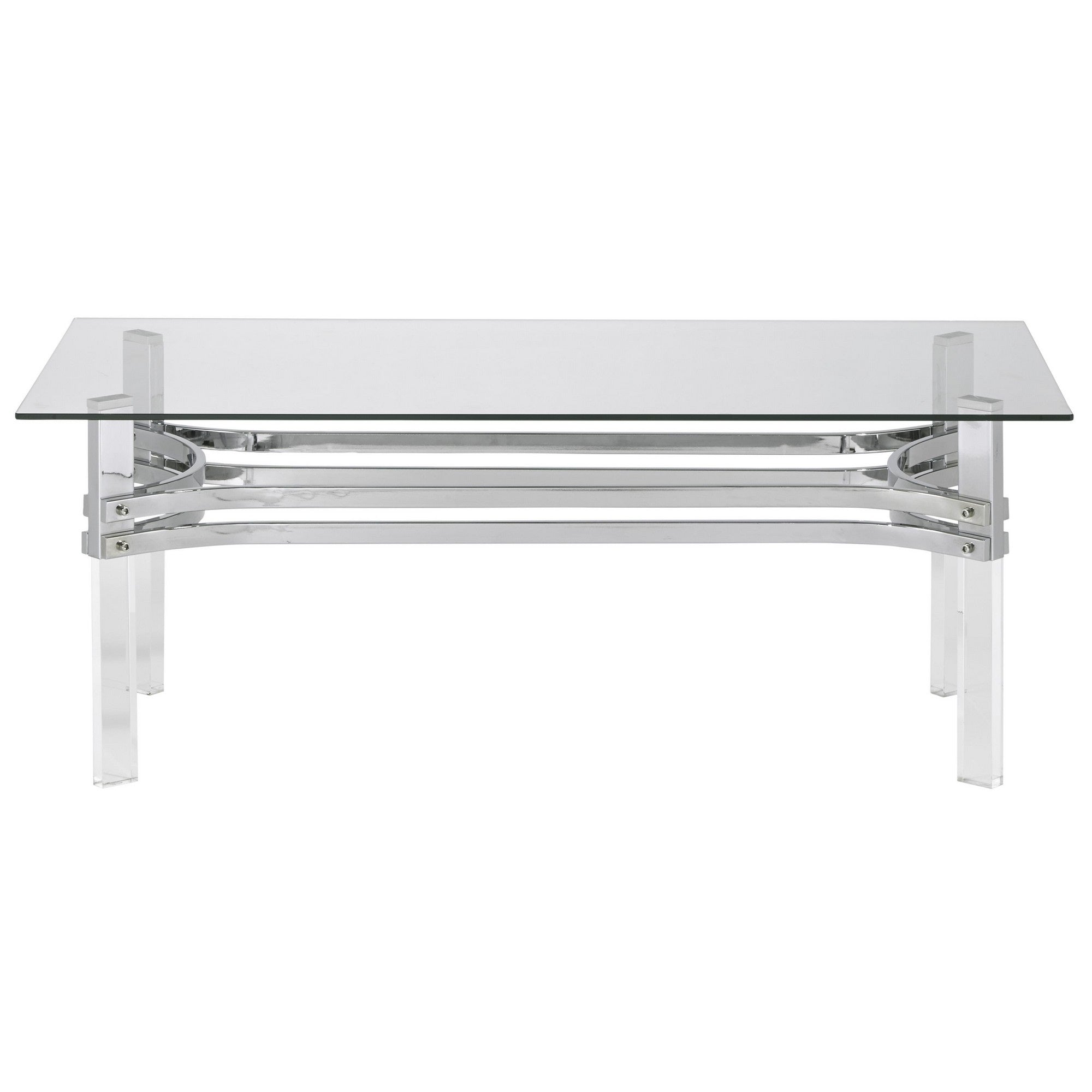 Benjara BM213340 Rectangular Glass Top Cocktail Table with Straight Acrylic Legs - Clear & Chrome - 18 x 47 x 23 in.