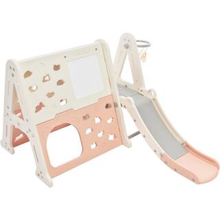 7-In-1 Light Pink HDPE Playset with Tunnel Climber Whiteboard Toy Building Block Baseplates Basketball Hoop LN20232362