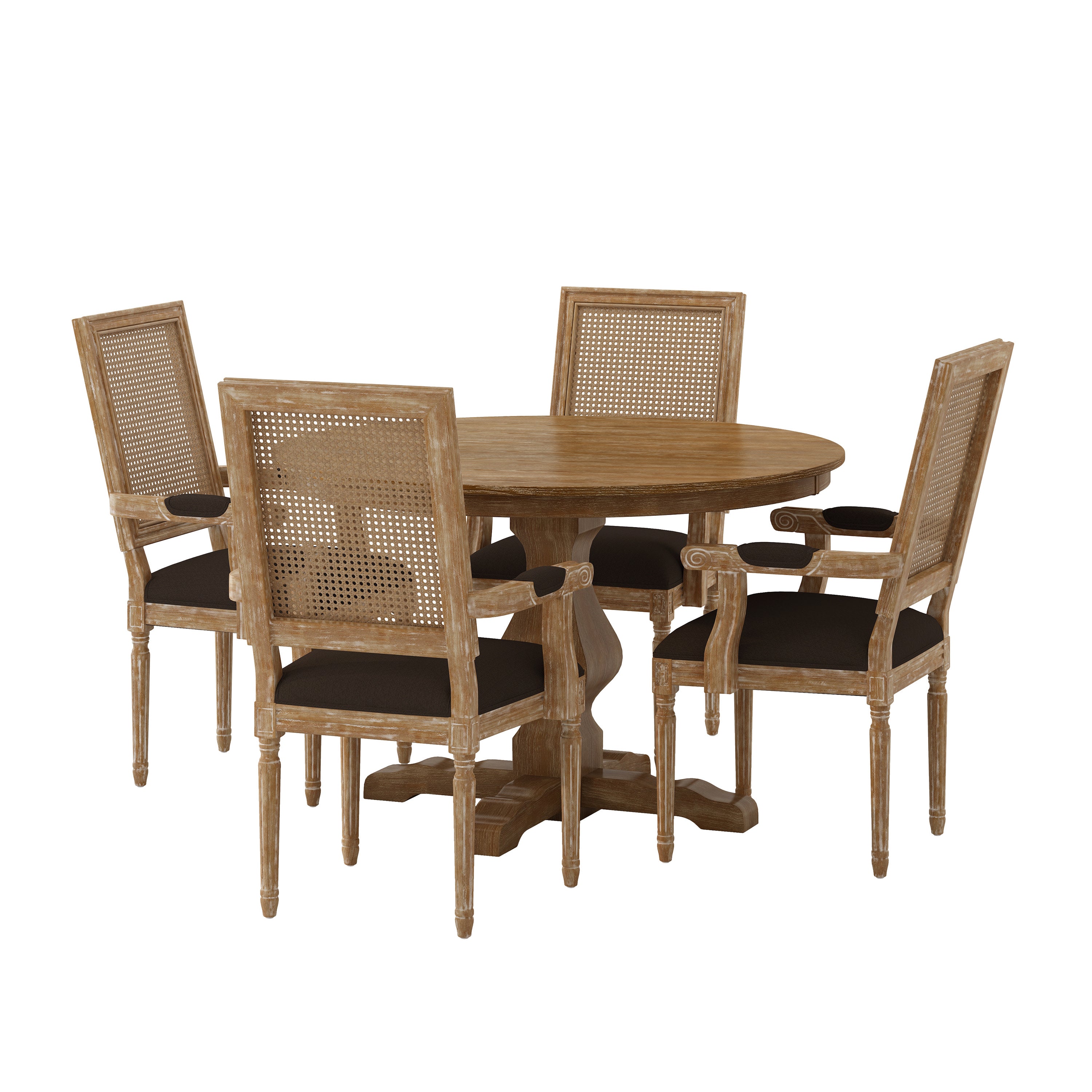 Joretta French Country Fabric Upholstered Wood and Cane 5 Piece Circular Dining Set