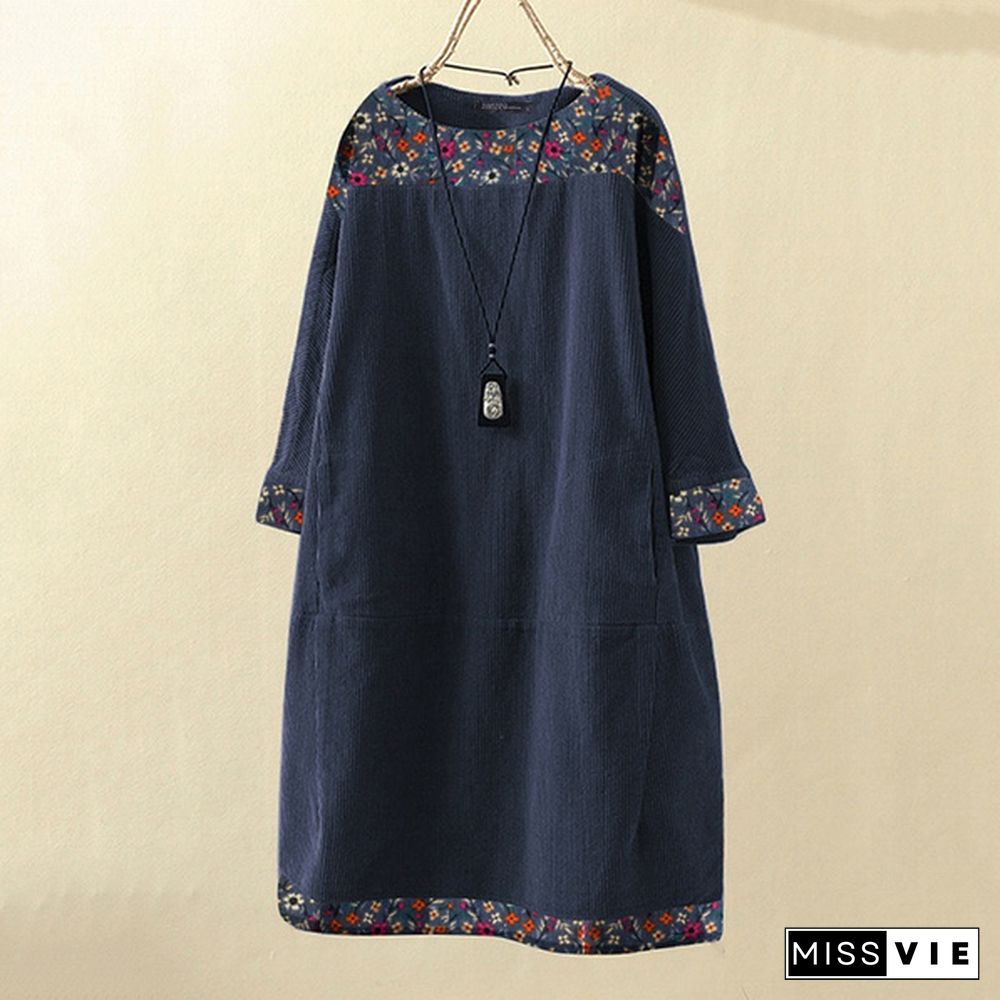 Women Autumn Pure Color Plus Long Tops Casual Vintage Corduroy Midi Dress