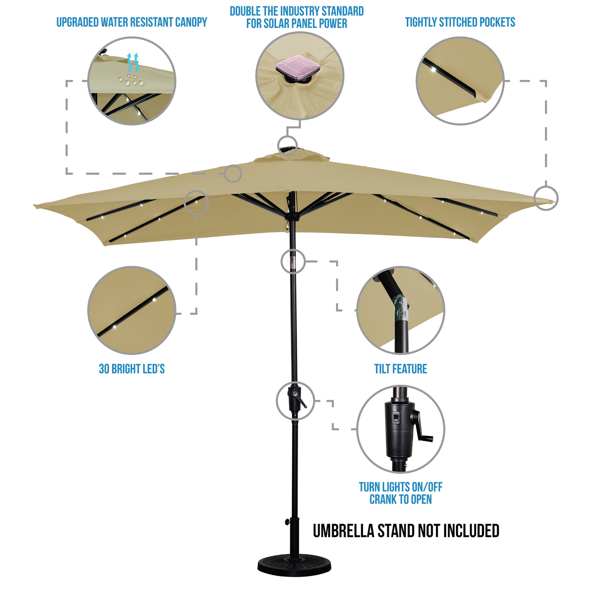 SunRay 9' x 7' Rectangular Patio LED Umbrella Solar Powered w/Crank & Tilt Outdoor Umbrella, Grey