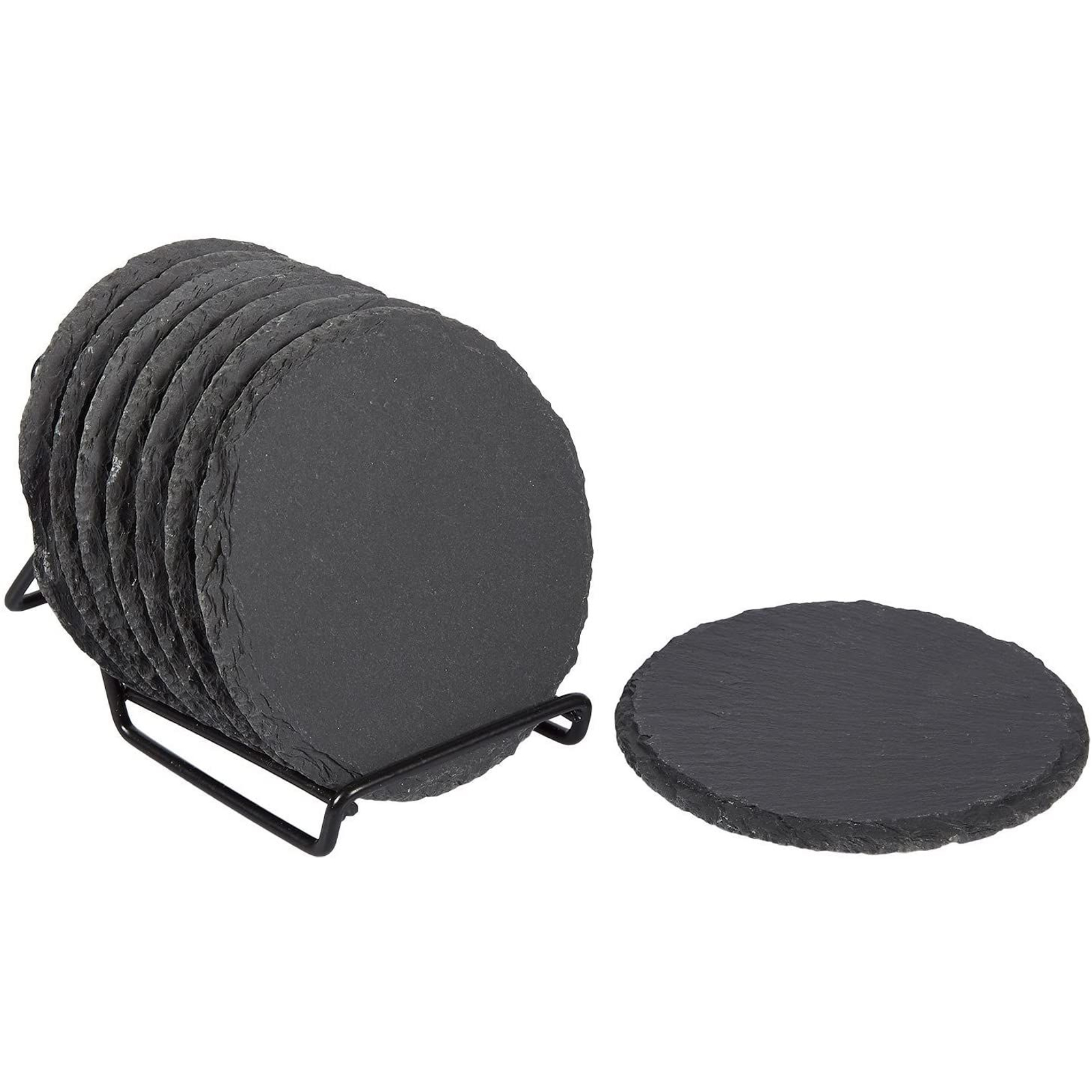 8 Pack Natural Edge Slate Coaster Set with Holder， Round Stone Coasters (Black 3.8 In)