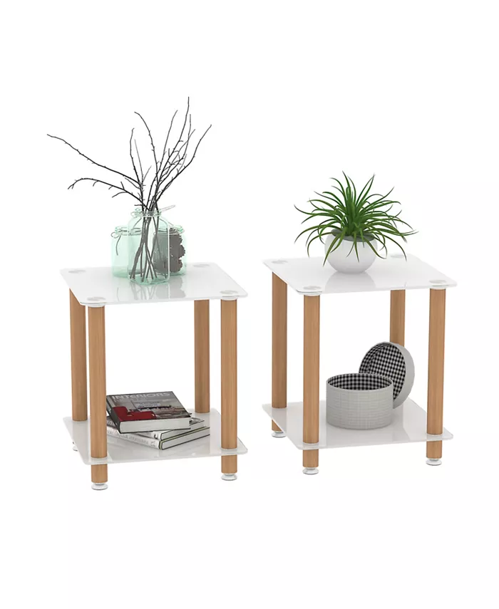 Simplie Fun 2-Piece White+Oak Side Table 2-Tier Space End Table Modern Night Stand Sofa table Side Table with Storage Shelve