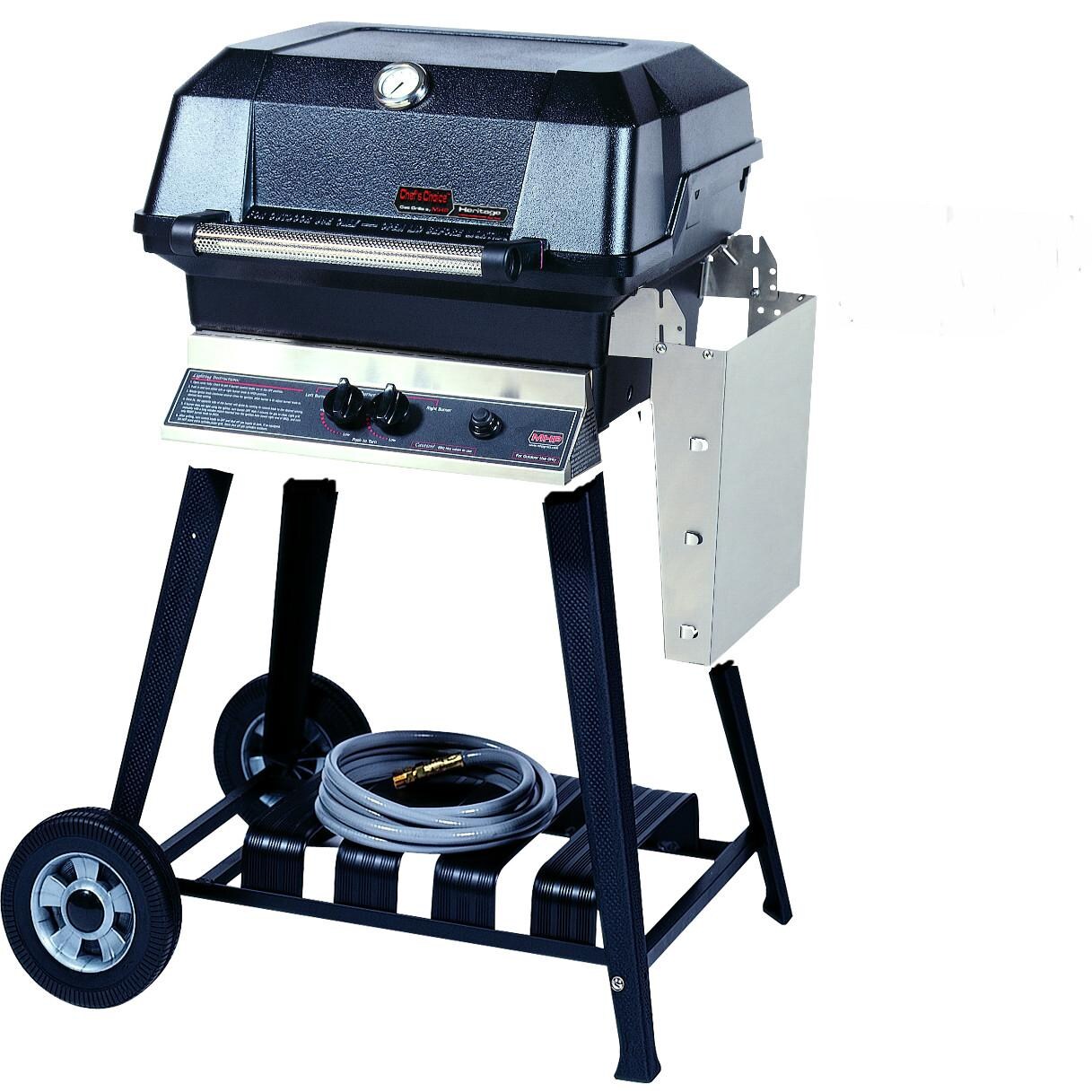 MHP JNR4DD Natural Gas Grill With Stainless Steel Shelves And SearMagic Grids On Aluminum Cart