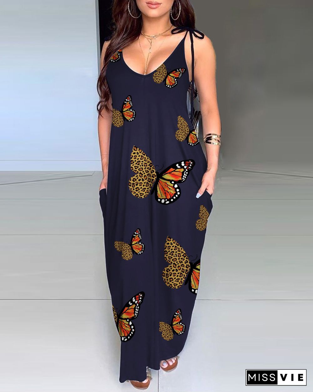 Pocket Design Butterfly Cheetah Print Maxi Dress