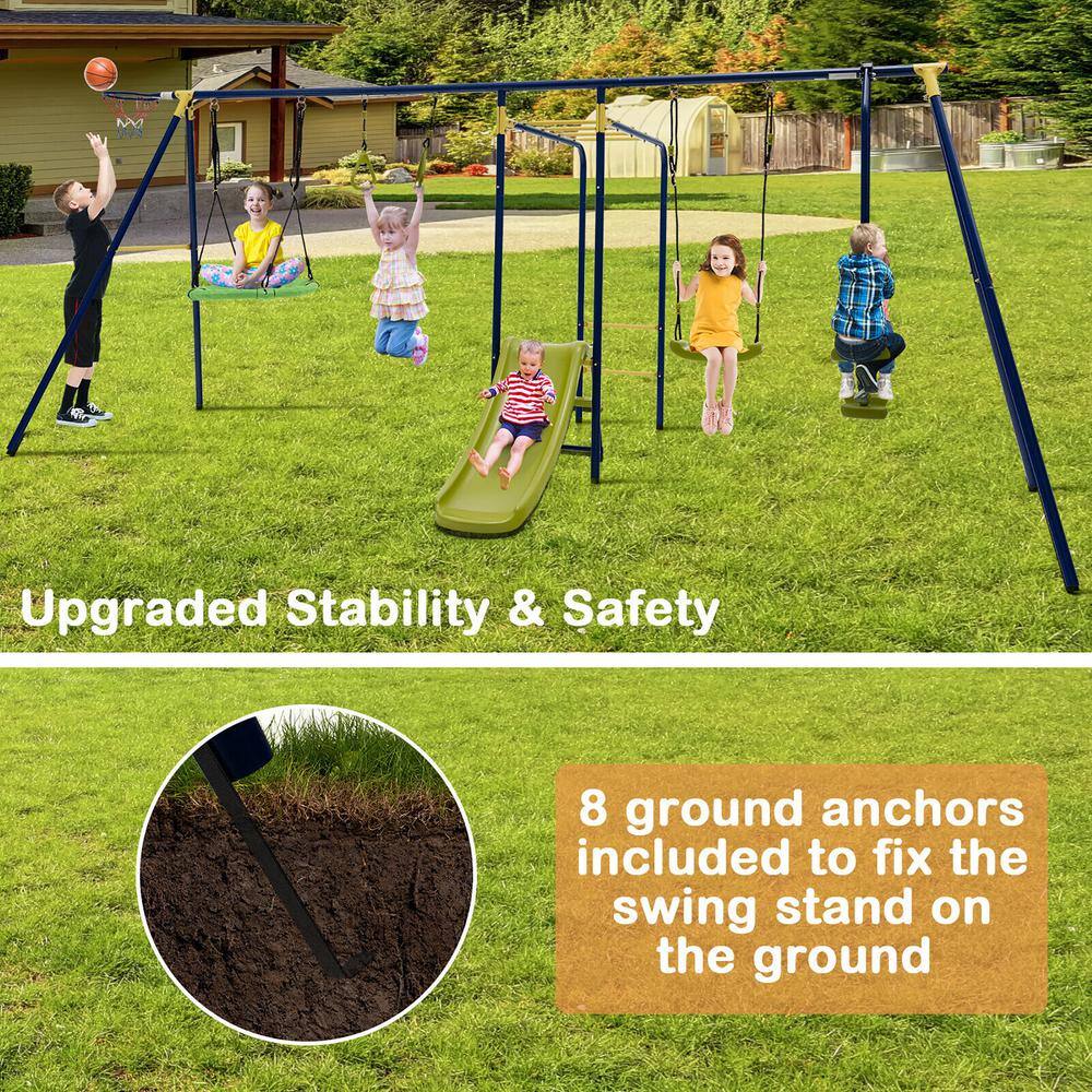 Gymax 660 lbs. Kids Metal Swing Set for Backyard 7-in-1 Multi-Functional Swing Set GYM10812