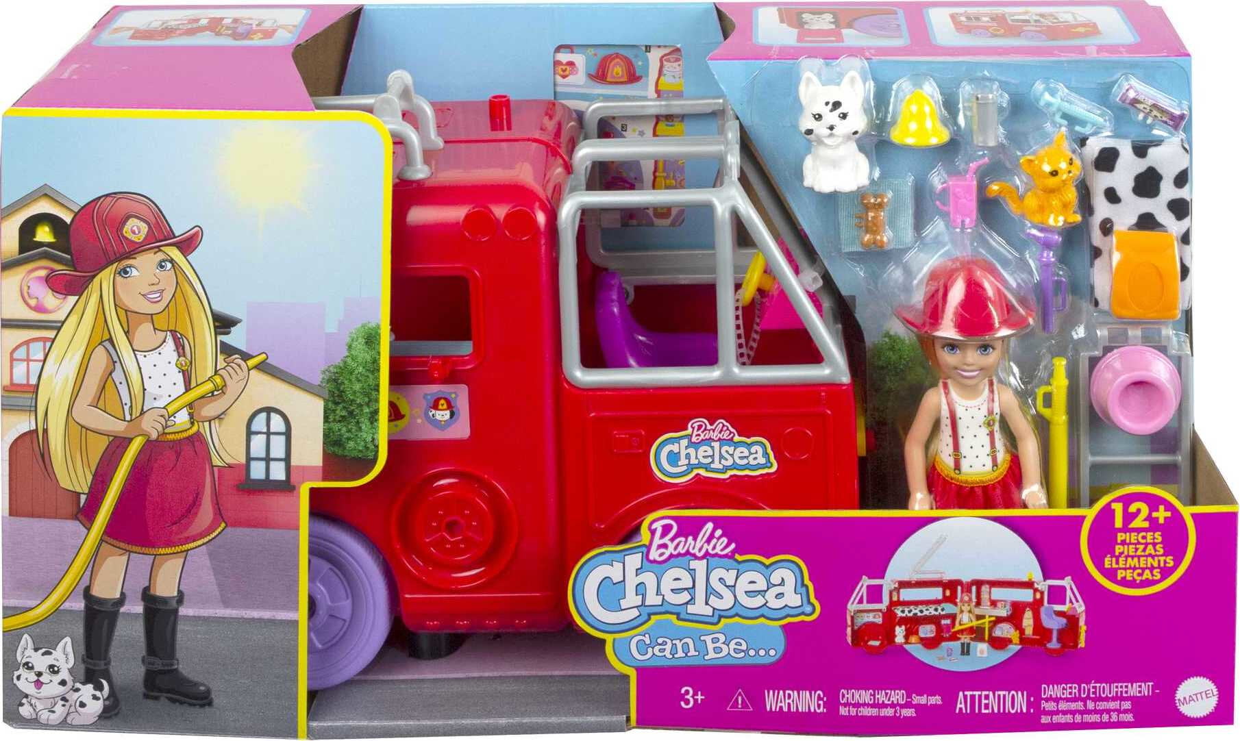Barbie Chelsea Can Be Fire Truck Playset with Blonde Doll, 2 Pets and 15+ Accessories, Open for Station