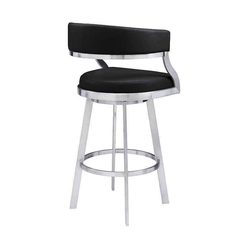 26 Inch Curved Seat Leatherette Swivel Barstool， Silver and Black