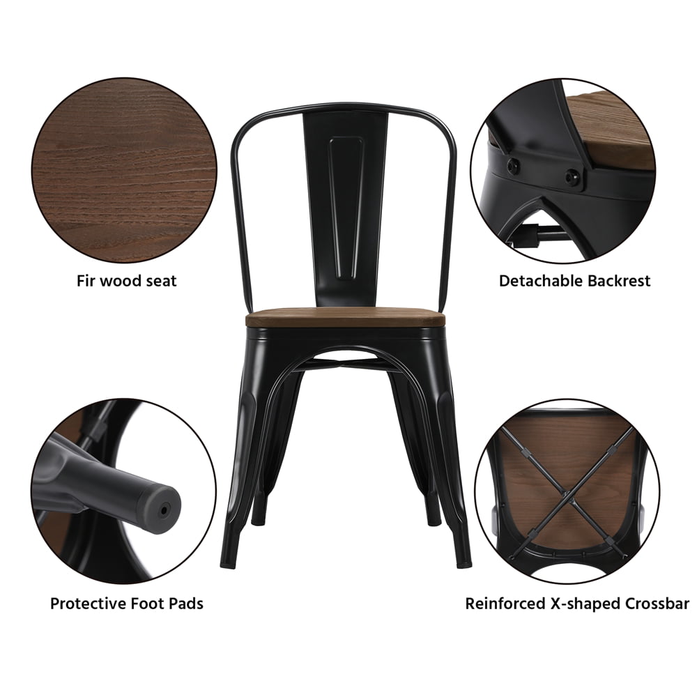 Alden Design Metal Stackable Dining Chairs with Wooden Seat， Set of 4， Black