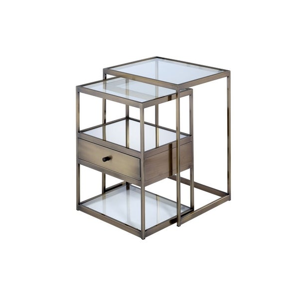 Enca Nesting Table Set (2Pcs Pack) with 1 Drawerand3 Glass Shelves -Gold