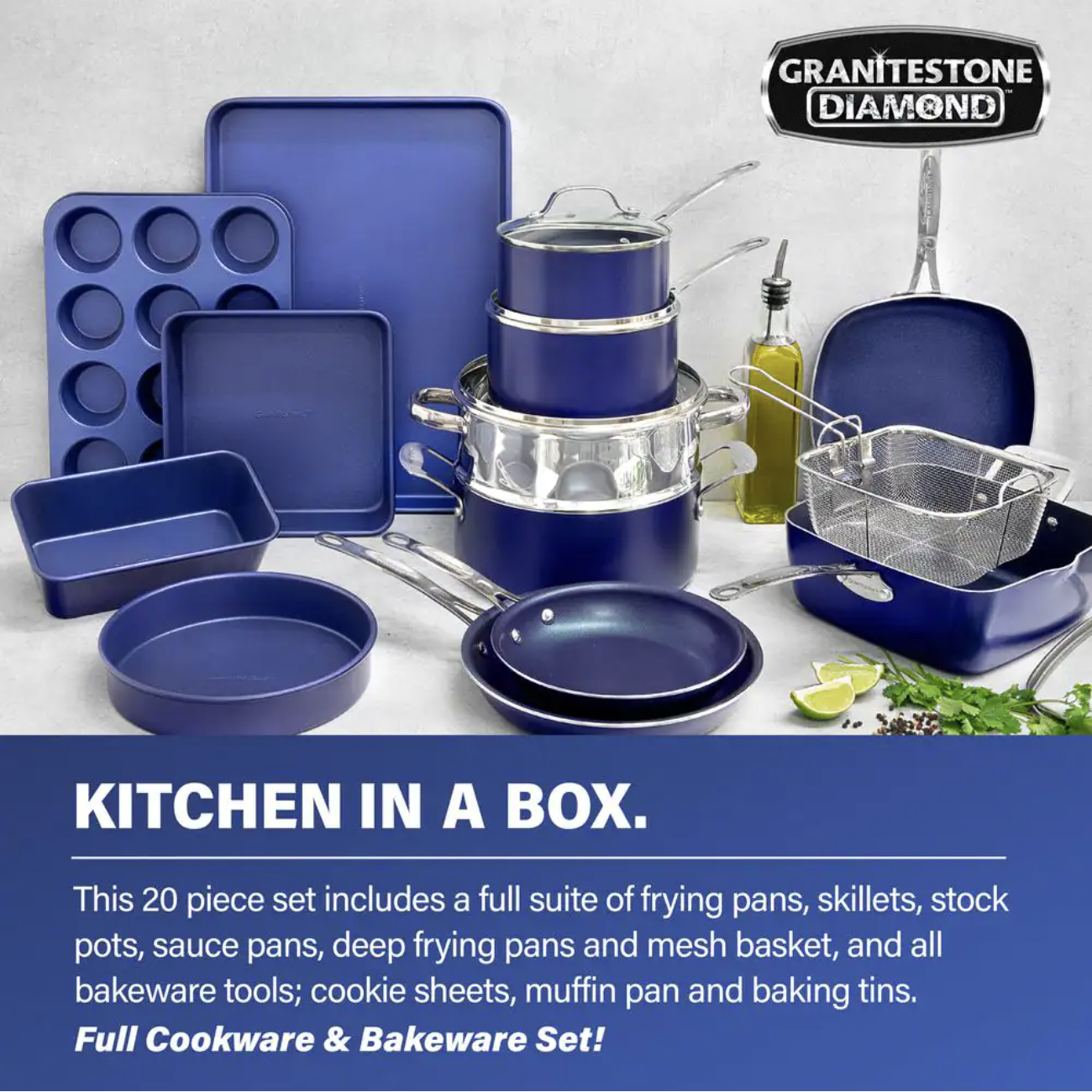 Granitestone Classic Blue 20-Piece Aluminum Ultra-Durable Non-Stick Diamond Infused Cookware and Bakeware Set💝 Last Day For Clearance