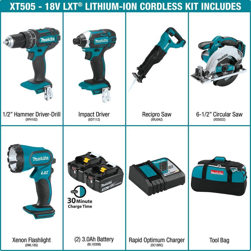 Makita 18V LXT Lithium-Ion Cordless Combo Kit (5-Tool) with (2) 3.0 Ah Batteries Rapid Charger and Tool Bag XT505