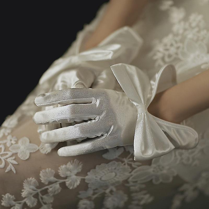 Women Short Thin Bow Satin Gloves Banquet Party Wedding Bridal Dance Colorful Mittens2setwhite + Black