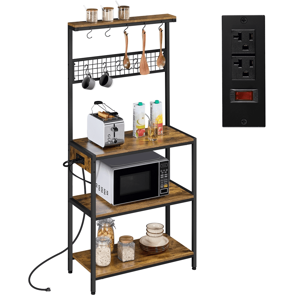 Topeakmart 4-tire Baker’s Rack with Power Outlet with 10 Hooks and Adjustable Feet for Kitchen， Rustic Brown