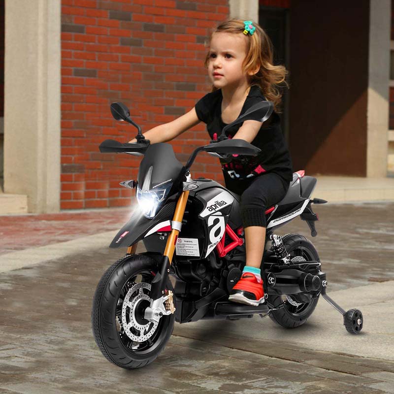 Licensed Aprilia Kids Ride on Motorcycle 12V Battery Powered Dirt Bike Riding Toy Motorbike with Training Wheels