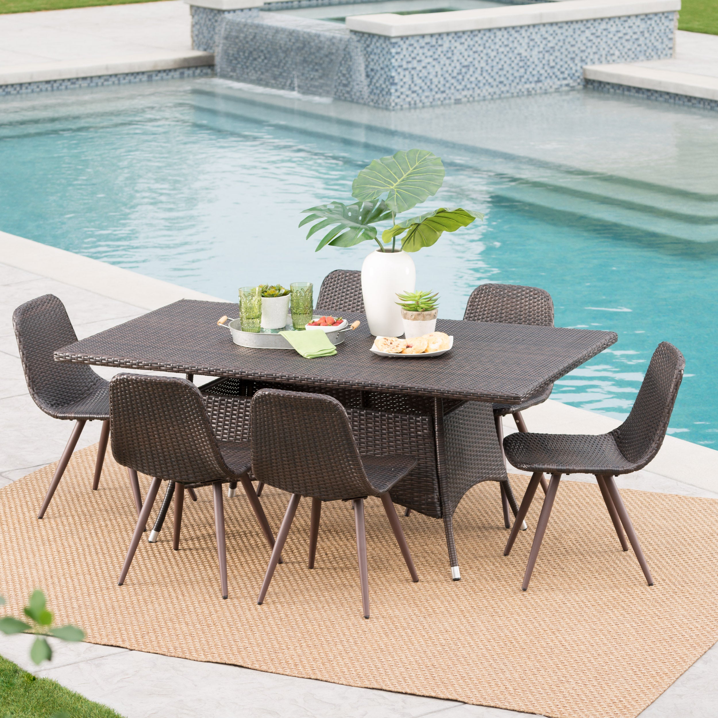 Hendrickson Outdoor 7 Piece Multi-brown Wicker Rectangular Dining Set