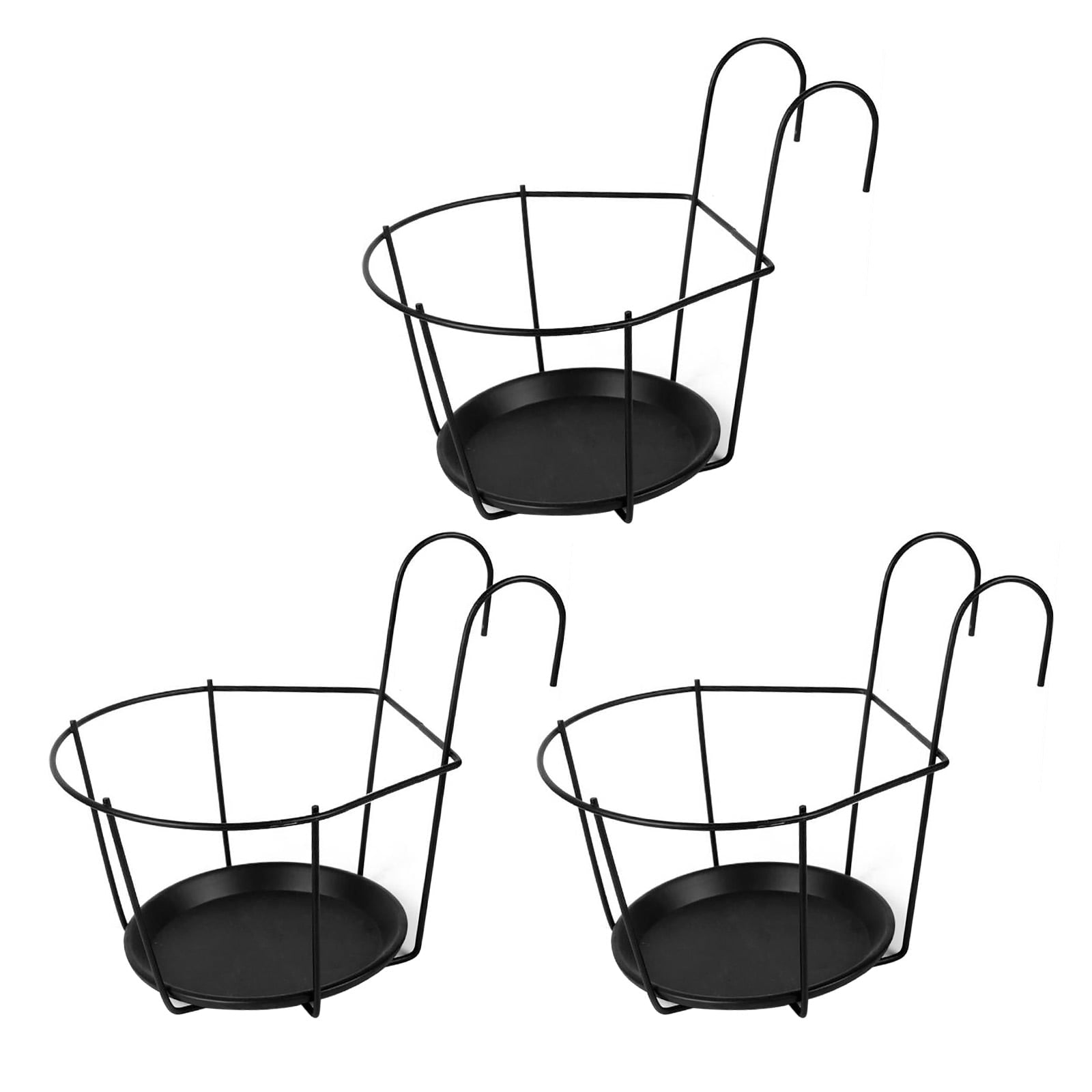 Gadgetvlot Hanging Railing Planters Flower Pot Durable Iron 3 Pack Black Shelf Container Box Round Holders