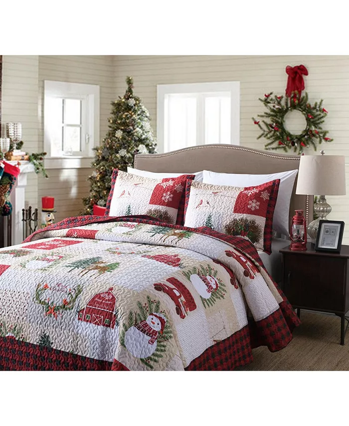 MarCielo 3 Piece Christmas Quilt Bedspread Snowman Reversible Quilt Set B013 - Queen