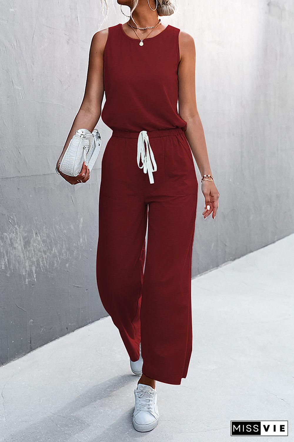 Solid Sleeveless Drawstring Waist Jumpsuit Wholesale