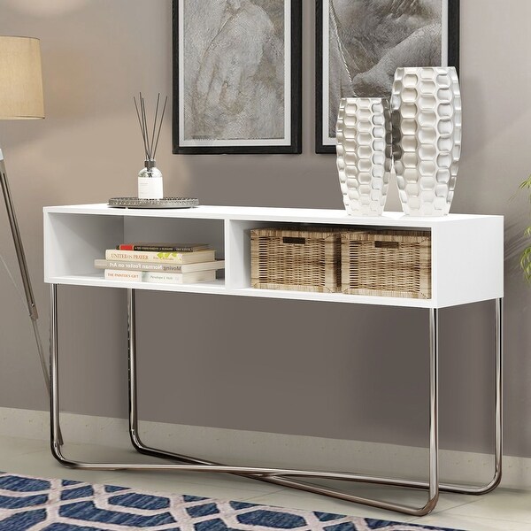 Wooden Console Table with 2 Open Compartments and Metal Frame， White and Chrome