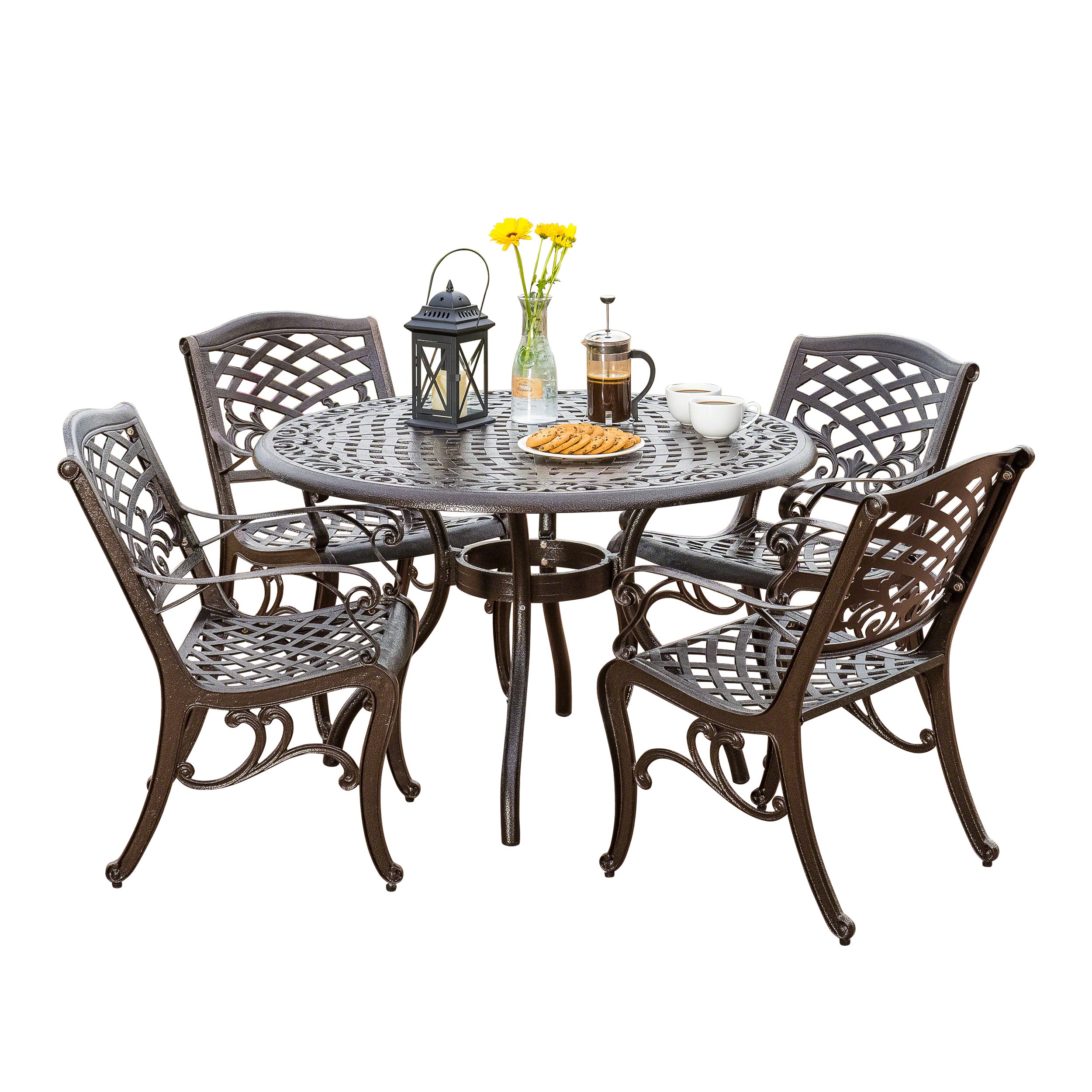 Covington Outdoor 5-Piece Bronze Cast Aluminum Dining Set with Umbrella Hole