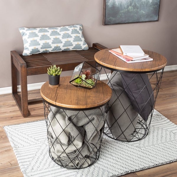 Set of 3 Living Room Tables - Metal Basket Storage with Removable Lids - 2 Small Side and 1 Large Accent Table (Brown/Black)