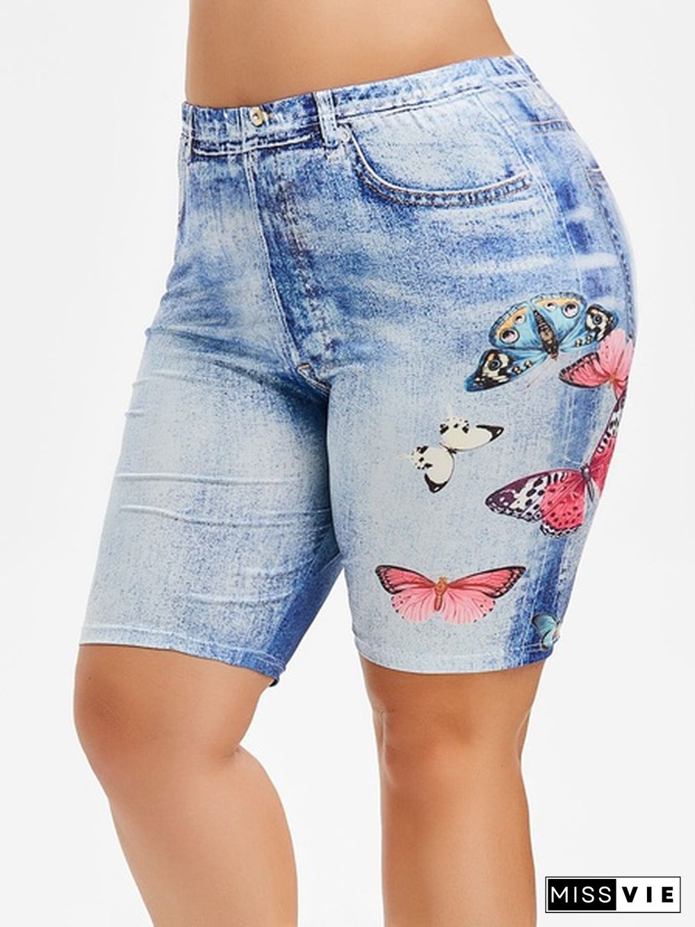 Women New Fashion Skinny Denim Jeans Casual High Waist Butterfly Print Faux Short Pants Plus Size Skinny Leggings Plus Size