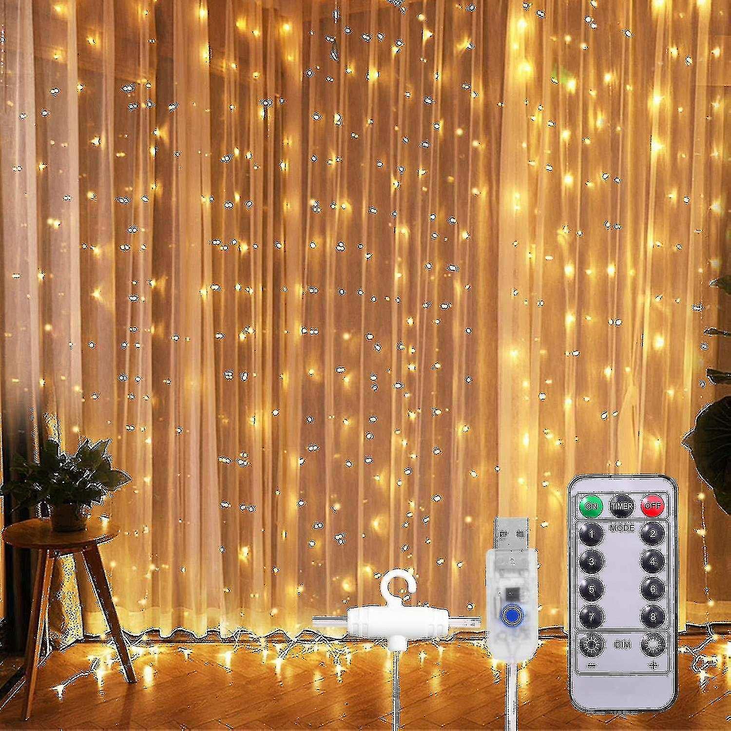 Window Curtain String Light ，300 Led 8 Lighting ，modes Lights Remote Control Usb Powered Waterproof