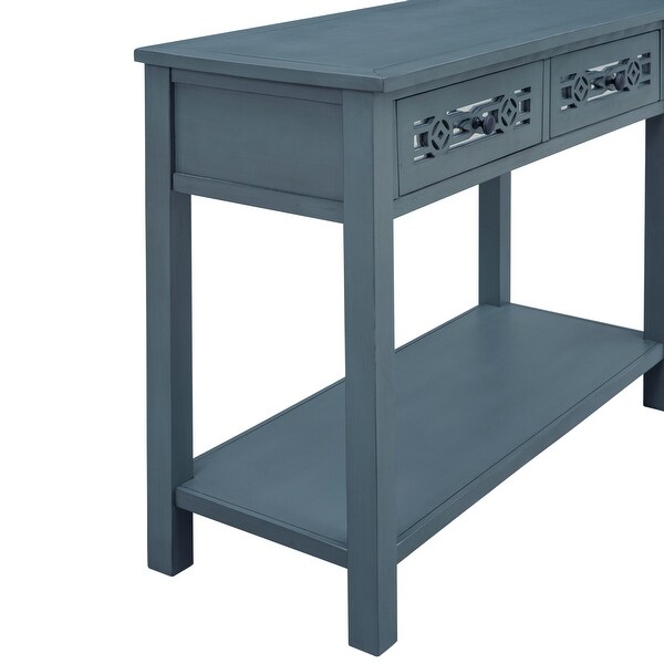 Classic Console Table with Hollow-out Decoration Two Top Drawers and Open Shelf Large Storage Space