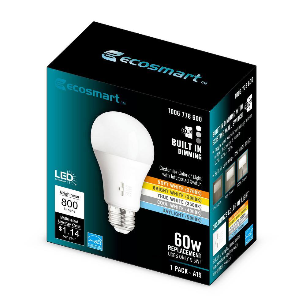 EcoSmart 60-Watt Equivalent A19 CEC Built in Dimming LED Light Bulb with Selectable Color Temperature (1-Pack) 11A19060WWALL01