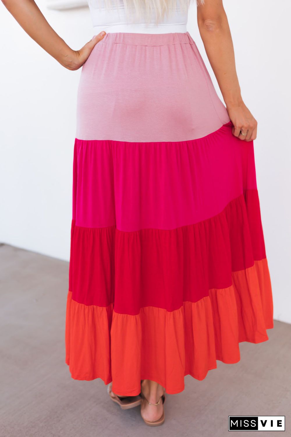 Pink Color Block Tiered Drawstring High Waist Maxi Skirt