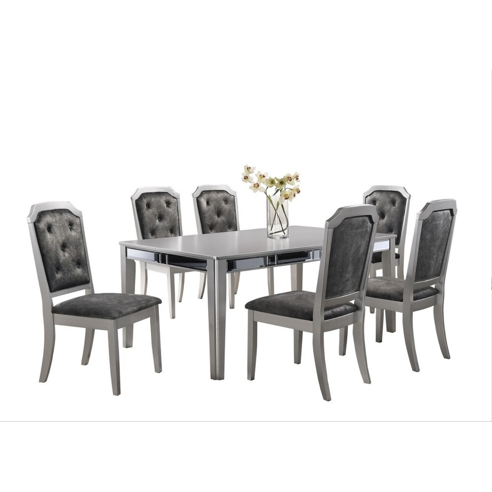 GTU Furniture Set for 6 Mirror Trim Rectangular Dining Table with Luxurious Button Chair in Grey/Silver or Champagne