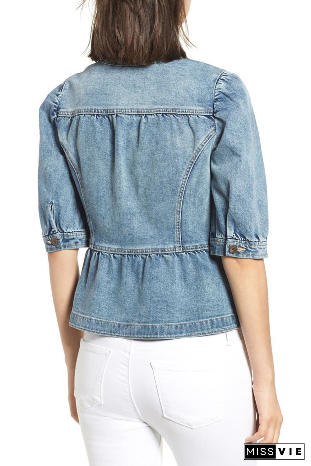 Sky Blue Half Sleeves Peplum Denim Jacket