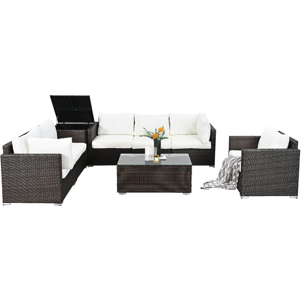 8Pieces Brown Wicker Outdoor Sectional Set with Glass Coffee Table