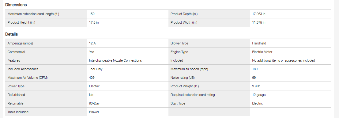 Dewalt DWBL700 189 MPH 409 CFM 12 Amp Corded Electric Handheld Leaf Blower