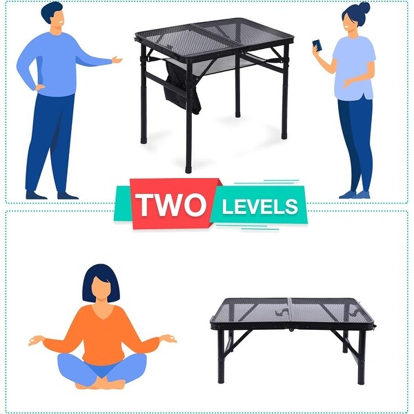 Grill Table，Outdoor Table，Card Table，Portable Grill Table，Adjustable Heights Camping Table with Mesh Bag and Cup Holders