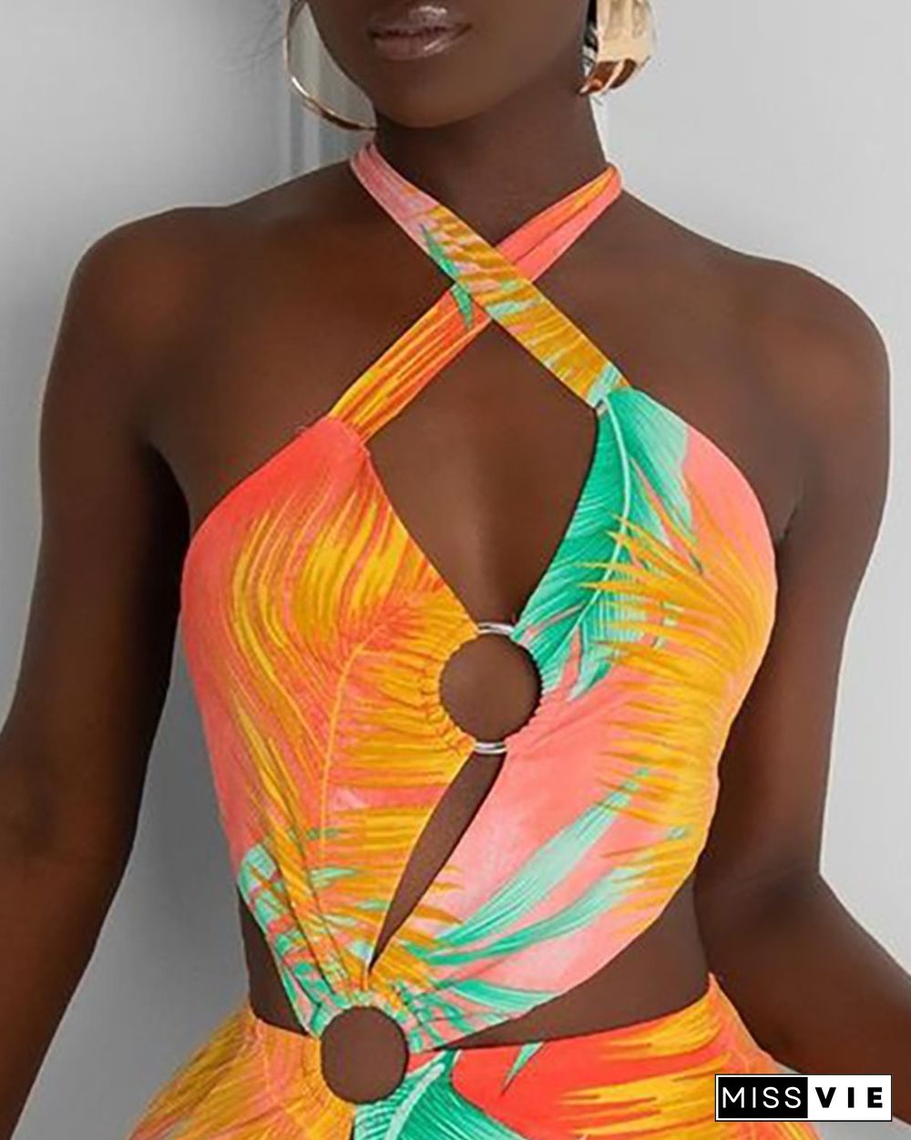 Tropical Print O-Ring Cutout Bodycon Dress