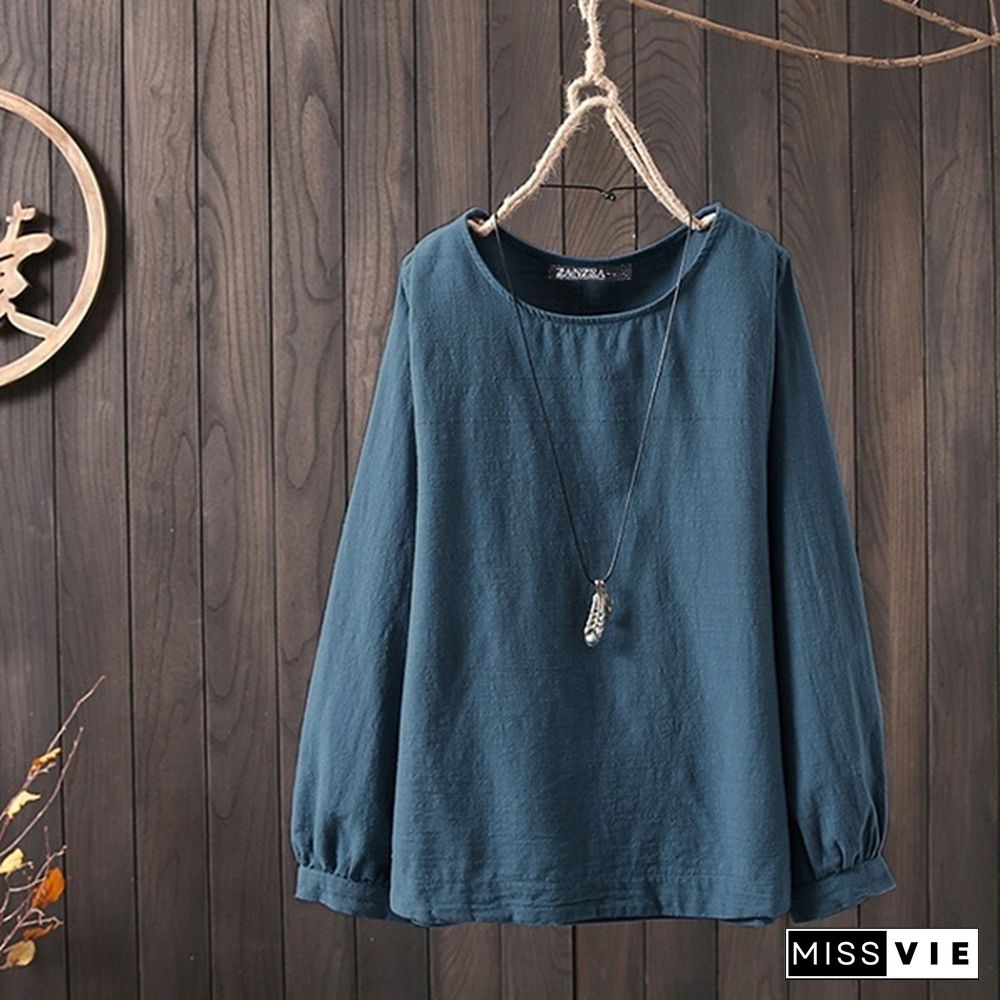 Women Round Neck Long Sleeve Casual Oversize Blouse Plain Shirt Tops