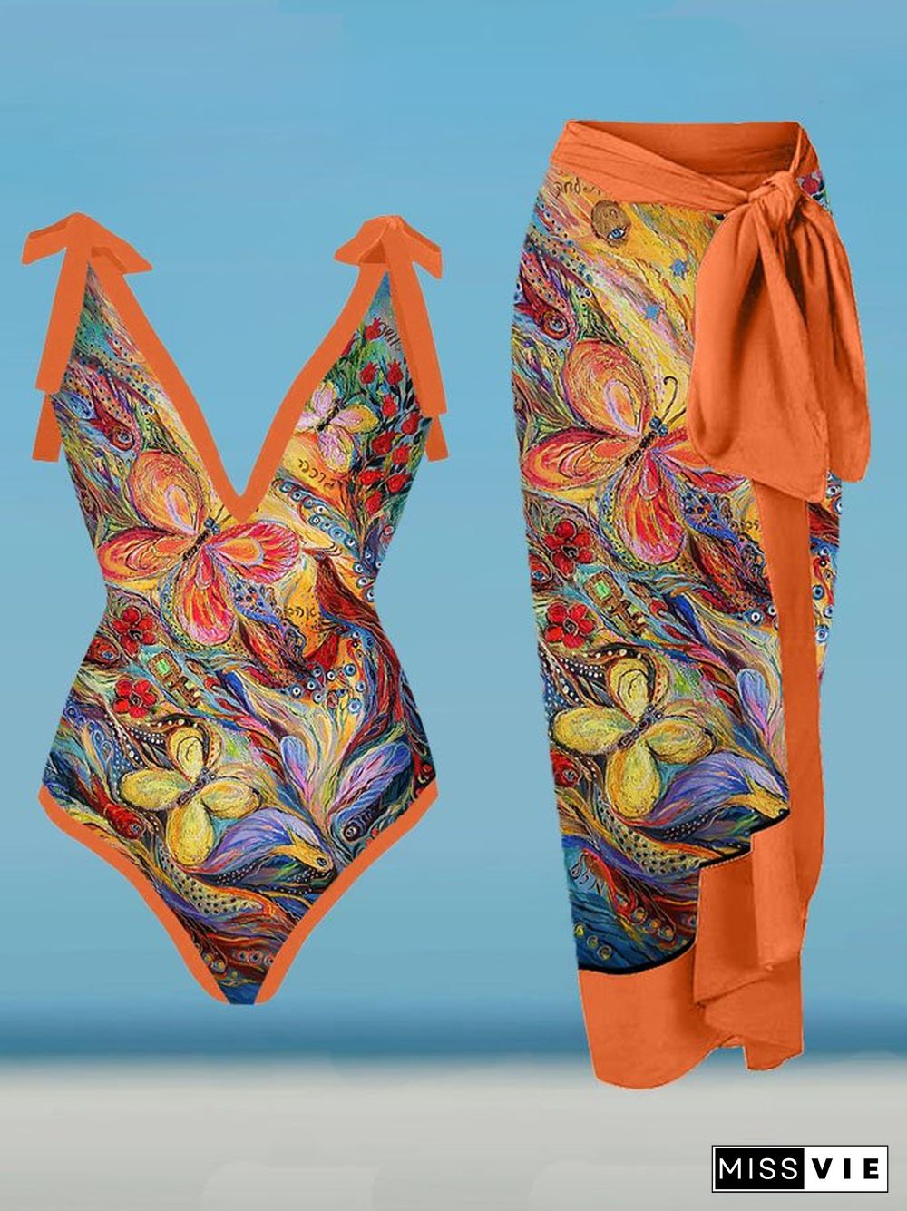 V-Neck Butterfly Art Print One-Piece Swimsuit Set