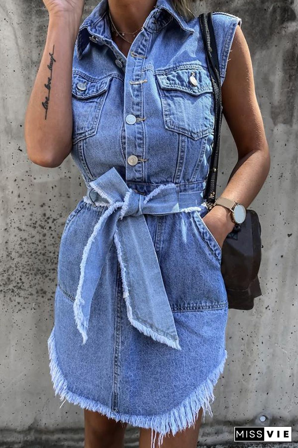 Denim Sleeveless Tie Waist Mini Dress P11252