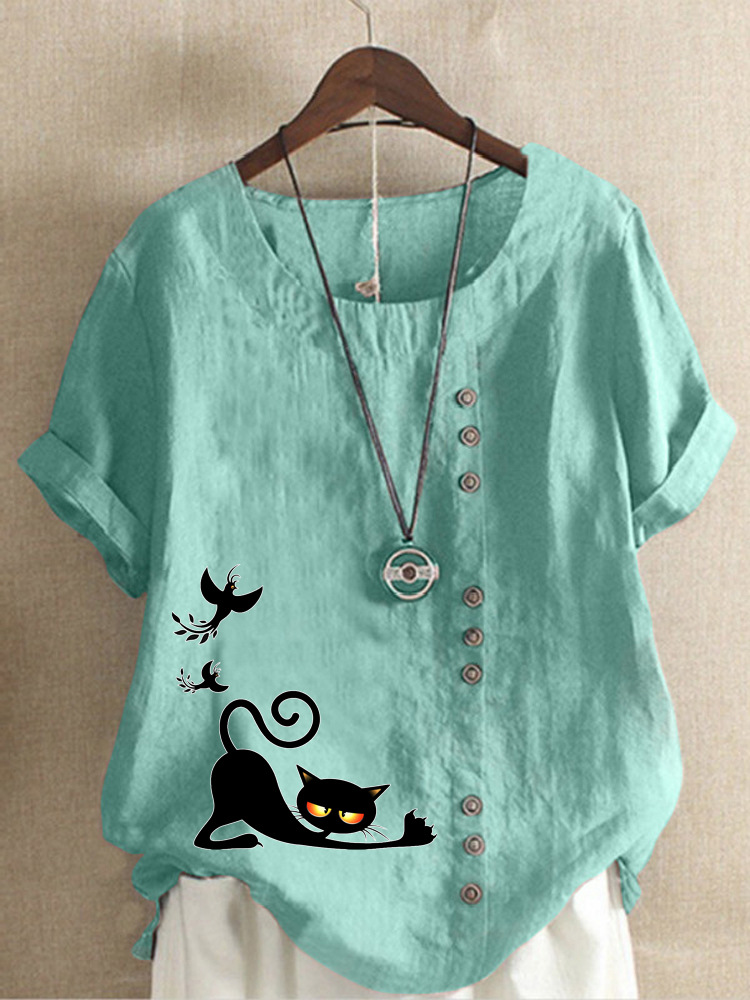 Round Neck Casual Loose Cat Print Short Sleeve Blouse