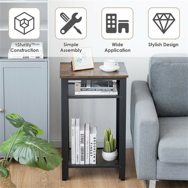 3 Tier Industrial End Table with Metal Mesh Storage Shelves